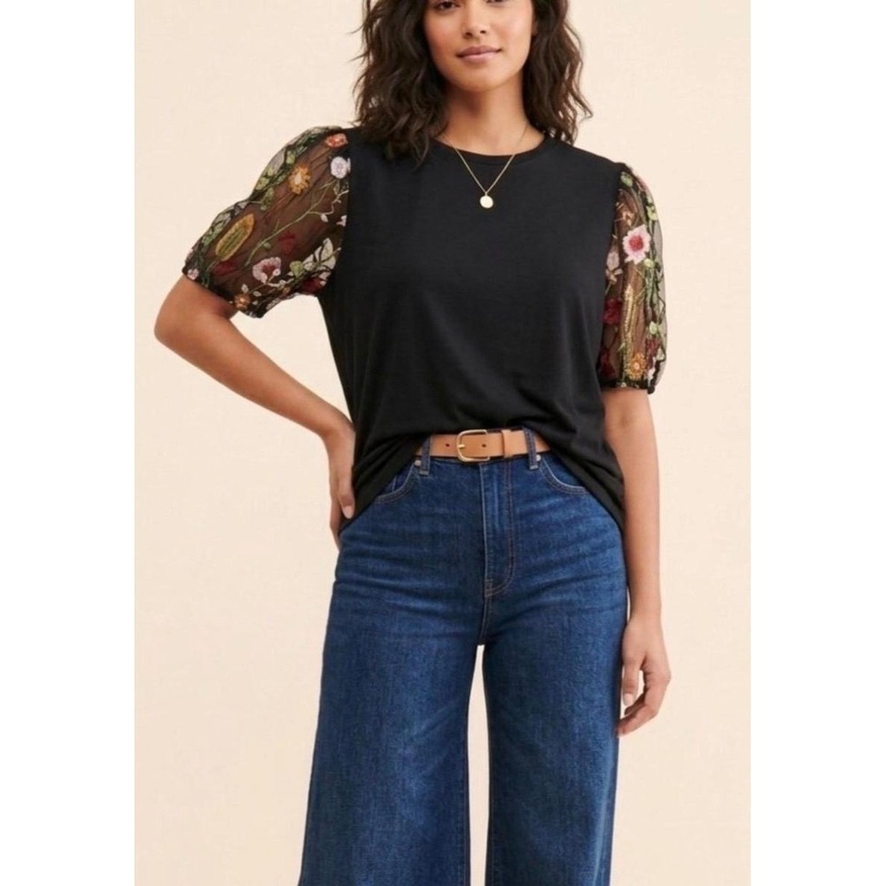 Joie Black Floral Embroidered Mesh Puff Sleeve Knit Top 1X Plus Size